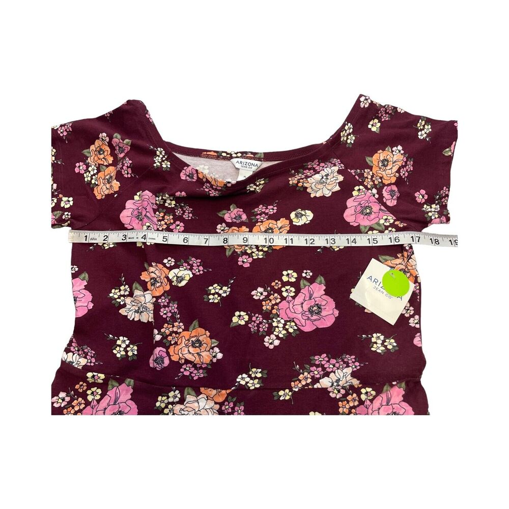 Arizona A-Line Dress Women's XL Burgundy Floral Stretch Short Sleeve Boat Neck - Picture 4 of 8